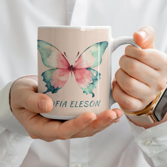 Mug Aquarelle Papillon Fille Feminine Blush Rose (Créateur téléchargé)