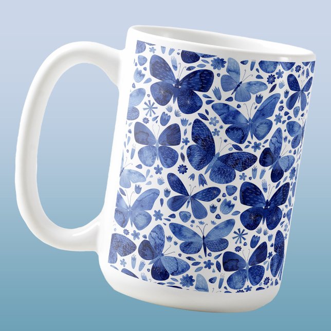 Mug Aquarelle papillon Indigo Blue (Blue and white butterfly watercolor coffee mug)