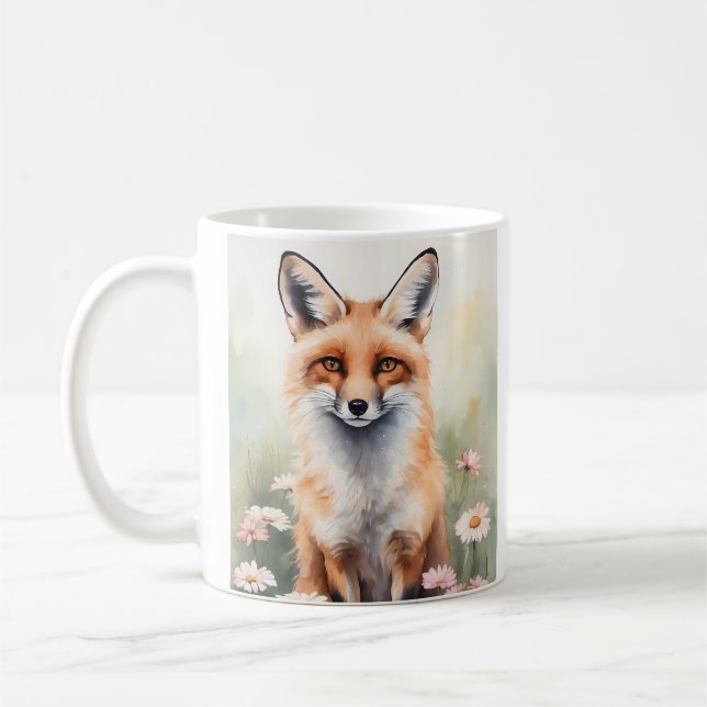 Mug Aquarelle Peinture Fox avec Fleurs marguerites (Gauche)