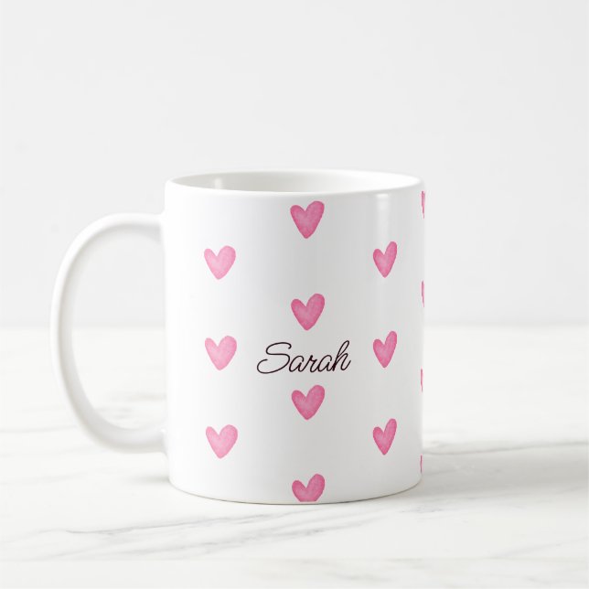Mug Aquarelle personnalisable Coeurs roses (Gauche)