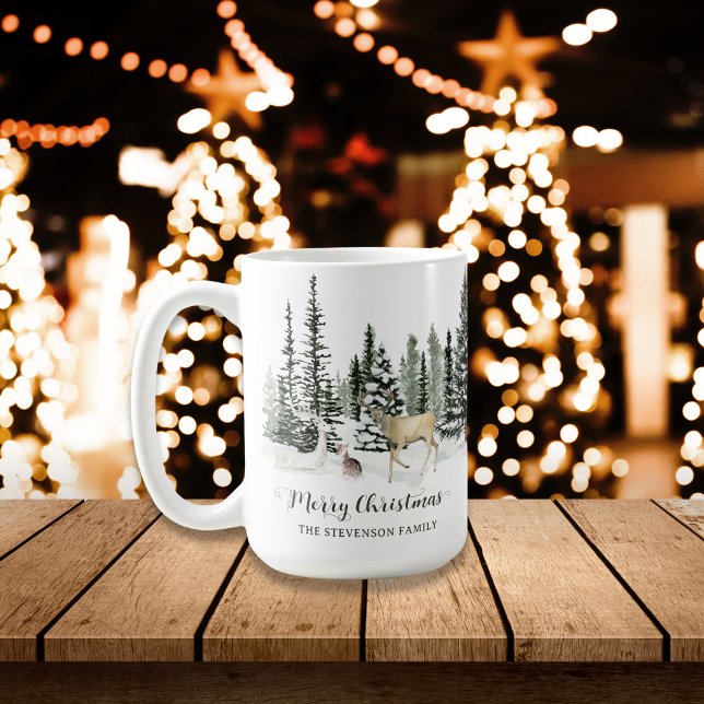 Mug Aquarelle personnalisée Bois Joyeux Noël (Personalized Watercolor Woodland Merry Christmas Coffee Mug)