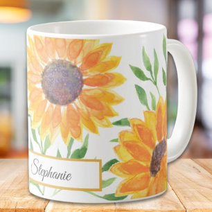 Mug Aquarelle personnalisée des tournesols jaunes