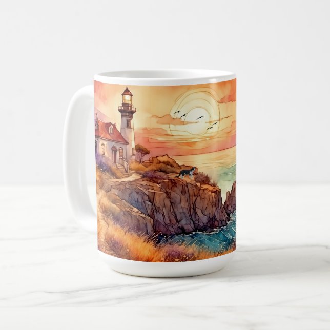 Mug Aquarelle Phare côtier & Chat (Devant gauche)