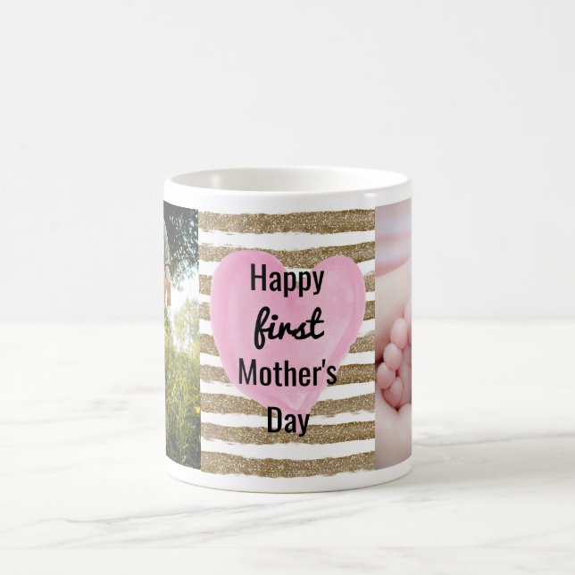 Mug Aquarelle Pink Heart Gold Photo 1ère Fête des Mère (Centre)