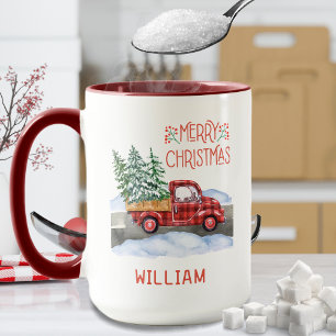 Mug Aquarelle Plaid Camion Rouge Neige Joyeux Noël