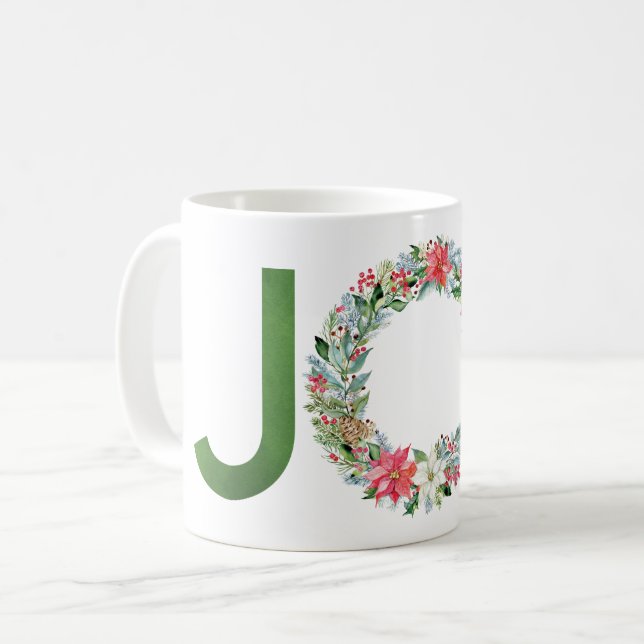Mug Aquarelle Poinsettia couronne de Noël Joie (Devant gauche)