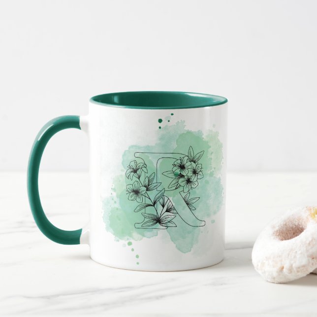 Mug Aquarelle R initiale Monogramme vert Botanique (Avec donut)