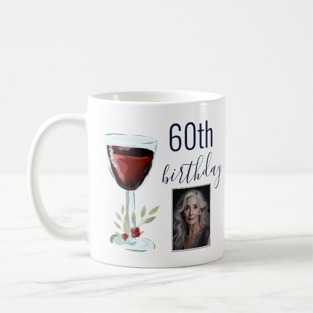 Mug Aquarelle Rose de vin rouge Photo 60e anniversaire (Gauche)