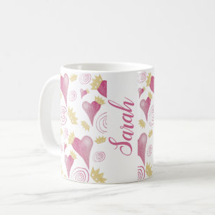 Mug Aquarelle rose du coeur de la couronne Monogramme