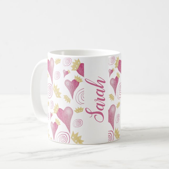 Mug Aquarelle rose du coeur de la couronne Monogramme (Devant gauche)