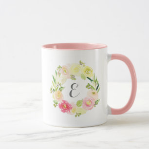 Mug Aquarelle rose et jaune couronne florale   Monogra
