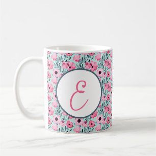 Mug Aquarelle rose et vert motif floral monogramme