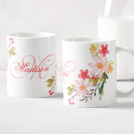 Mug Aquarelle rose jolie Floral Personnalisé Monogramm