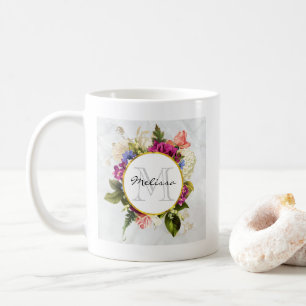 Mug Aquarelle rose moderne Bouquet floral Monogramme