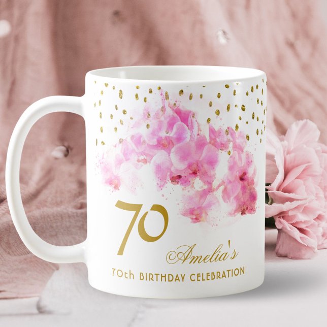 Mug Aquarelle rose orchidée Parties scintillant or 70e (Créateur téléchargé)