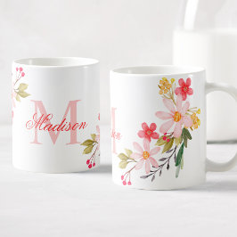 Mug Aquarelle rose pâle Floral Nom du monogramme perso