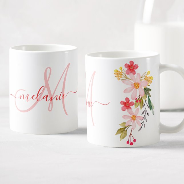 Mug Aquarelle rose pâle Floral Nom du monogramme perso (Créateur téléchargé)