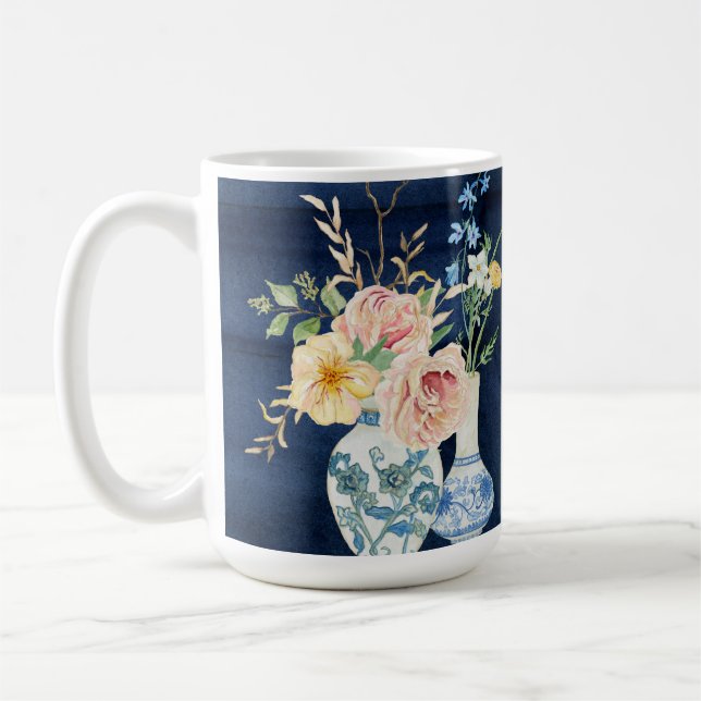 Mug Aquarelle Rose Peony Flowers Marine Blue Wood (Gauche)