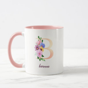 Mug Aquarelle rose perle Lettre florale B Monogramme