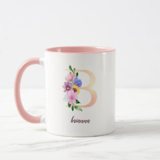 Mug Aquarelle rose perle Lettre florale B Monogramme
