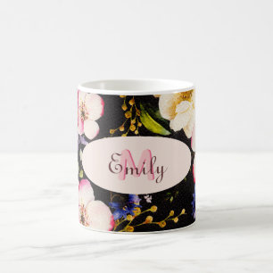 Mug Aquarelle rose Roses jaunes sur noir, Monogramme