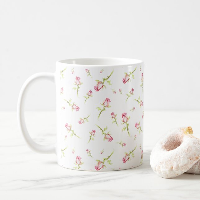 Mug Aquarelle rose Roses Rouges Peint à la main (Avec donut)