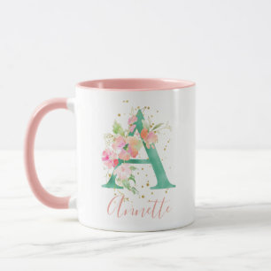 Mug Aquarelle rose turquoise or Monogramme floral A