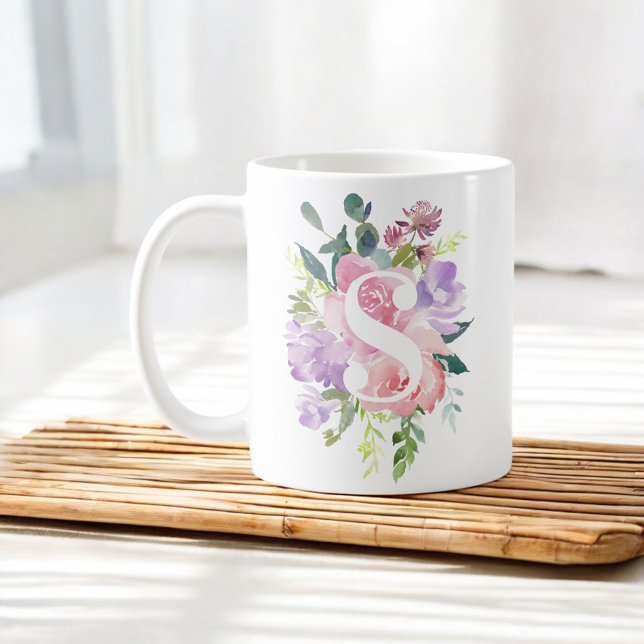 Mug Aquarelle rose violet Fleurs Élégante Monogramme (Créateur téléchargé)