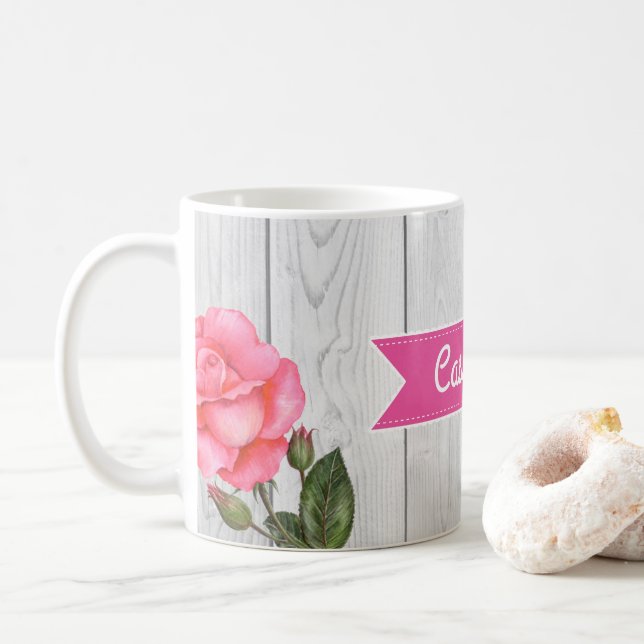 Mug Aquarelle Roses roses sur Planche de bois gris rus (Avec donut)