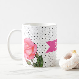 Mug Aquarelle Roses roses sur Pois blancs noirs