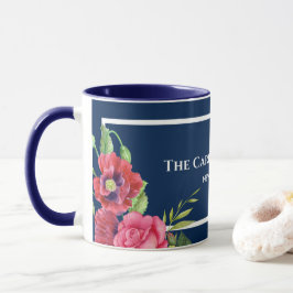 Mug Aquarelle Rouge et rose Fleurs bleu foncé Marine