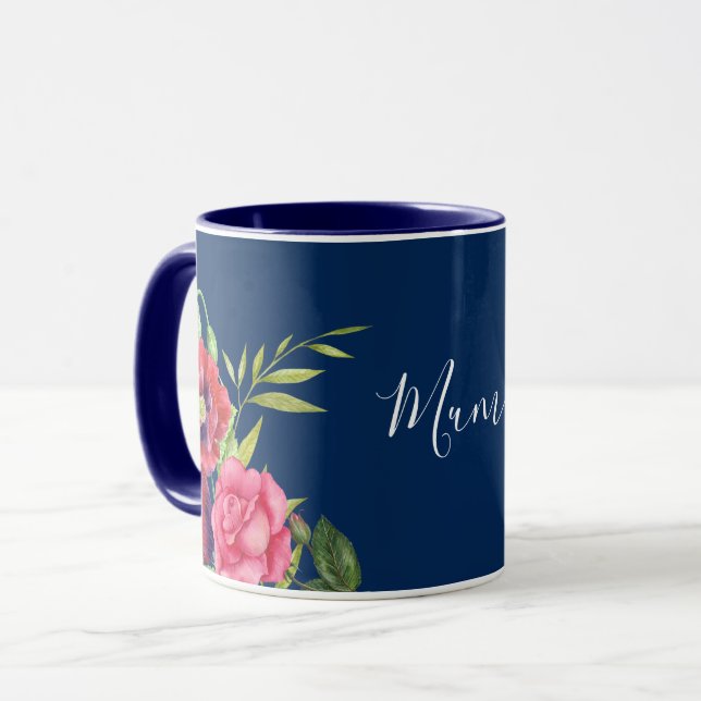Mug Aquarelle Rouge et rose Fleurs bleu foncé Marine (Devant gauche)