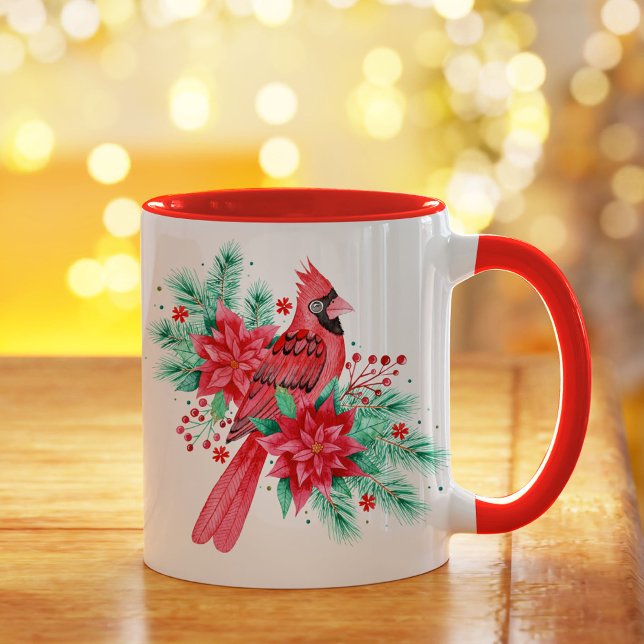 Mug Aquarelle Rouge Noël Cardinal Oiseau et fleurs (Watercolor Red Christmas Cardinal Bird and Florals Mug)