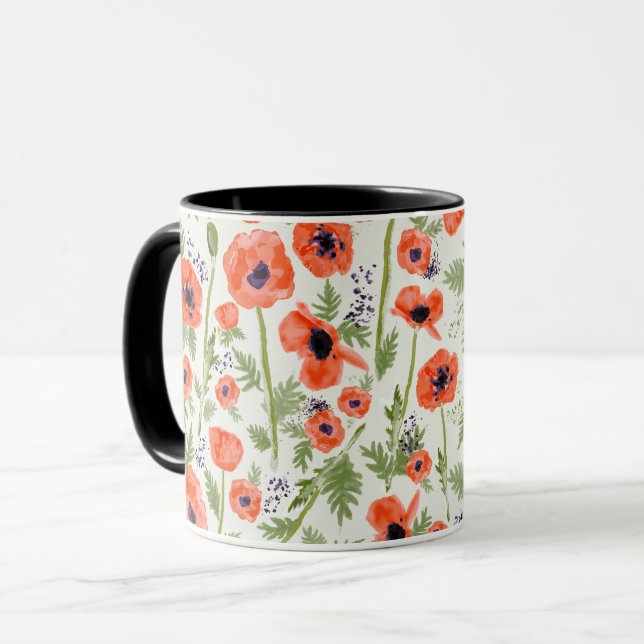Mug Aquarelle rouge orange moderne Fleurs de pavot pei (Devant gauche)