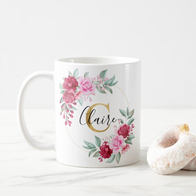 Mug Aquarelle rouge rose or Monogramme floral C (Avec donut)