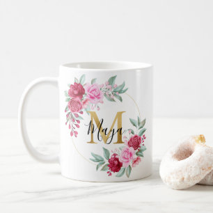Mug Aquarelle rouge rose or Monogramme floral M