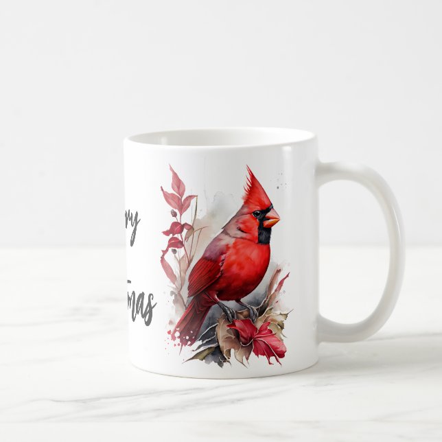 Mug Aquarelle rouge vif Oiseau cardinal d'hiver (Droite)