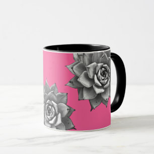 Mug Aquarelle Succulente Gris sur rose chaud