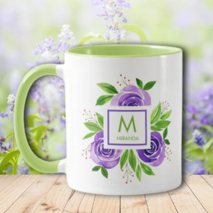 Mug Aquarelle tendance violet et chaux Roses Monogramm