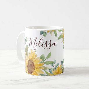Mug Aquarelle Tournesol Floral Nom du monogramme
