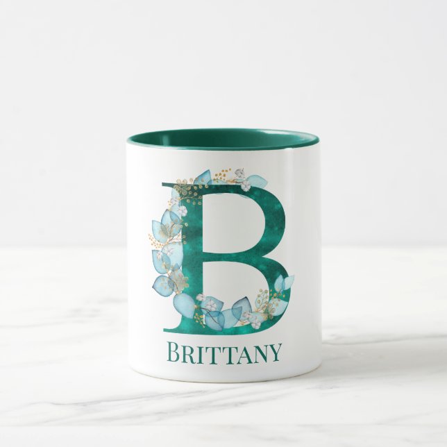 Mug Aquarelle Turquoise et or Monogramme B (Centre)
