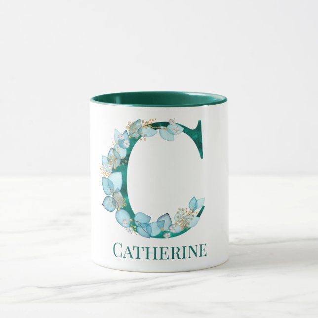 Mug Aquarelle Turquoise et or Monogramme C (Centre)
