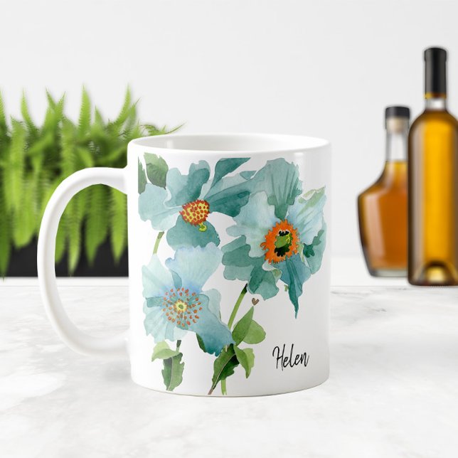 Mug 💦 Aquarelle Turquoises Poppies Nom ou monogramme (💦 Watercolor Teal Poppies Name or Monogram Coffee Mug
)