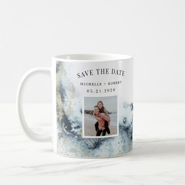 Mug aquarelle vagues côtier enregistrer la photo date (Gauche)