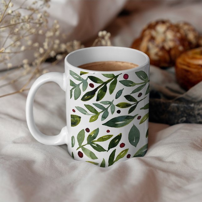 Mug Aquarelle verte branches saisonnières et baies (Créateur téléchargé)