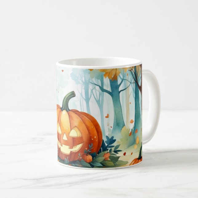 Mug Aquarelle verte orange Forêt Citrouille d'automne (Devant droit)