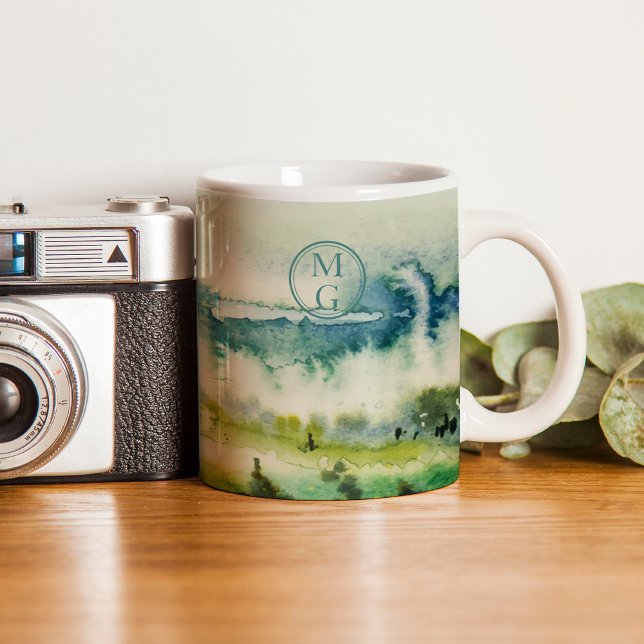 Mug Aquarelle verte Turquoise Monogramme (This design a calming soft watercolor landscape in soothing greens and blues. )