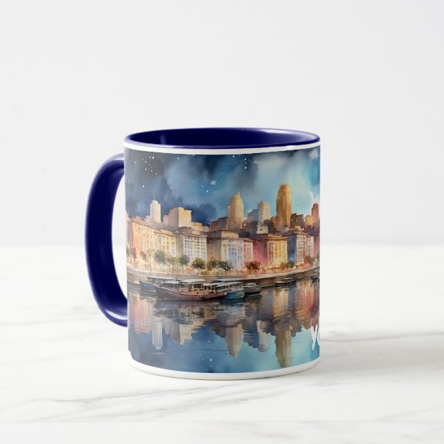 Mug Aquarelle Ville Vue nocturne avec lac, Bateau de p (Devant gauche)
