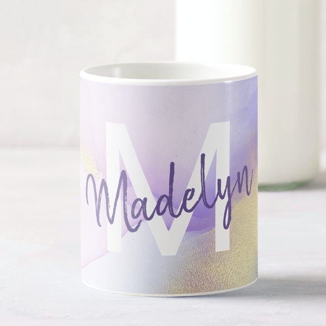 Mug Aquarelle violet Abstrait Girly Luxury Monogramme (Créateur téléchargé)