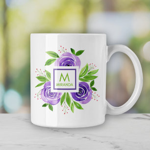 Mug Aquarelle violet Roses Personnalisé Monogramme